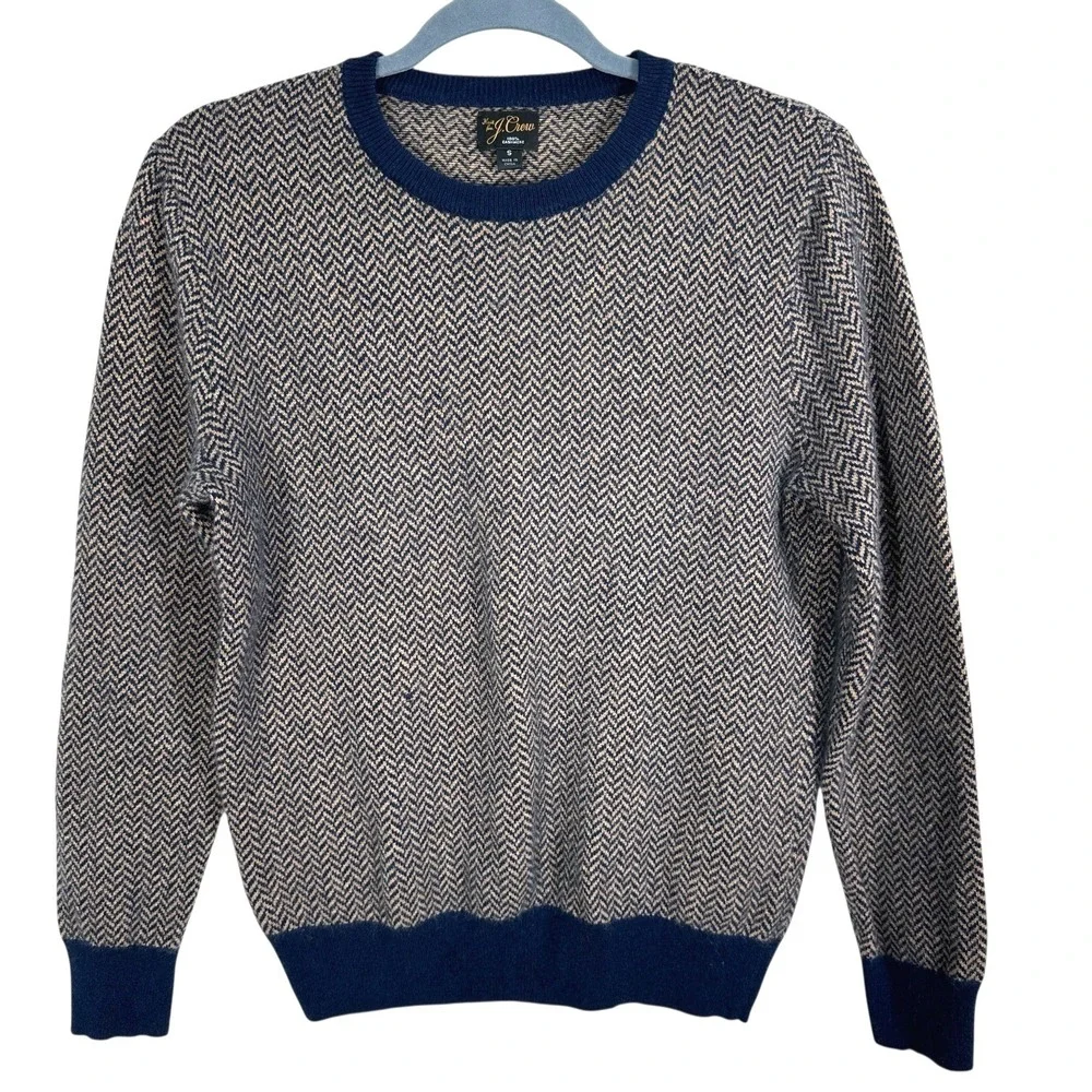 J Crew‎ 100% Cashmere Herringbone Crewneck Sweater Women's Size S Navy Beige